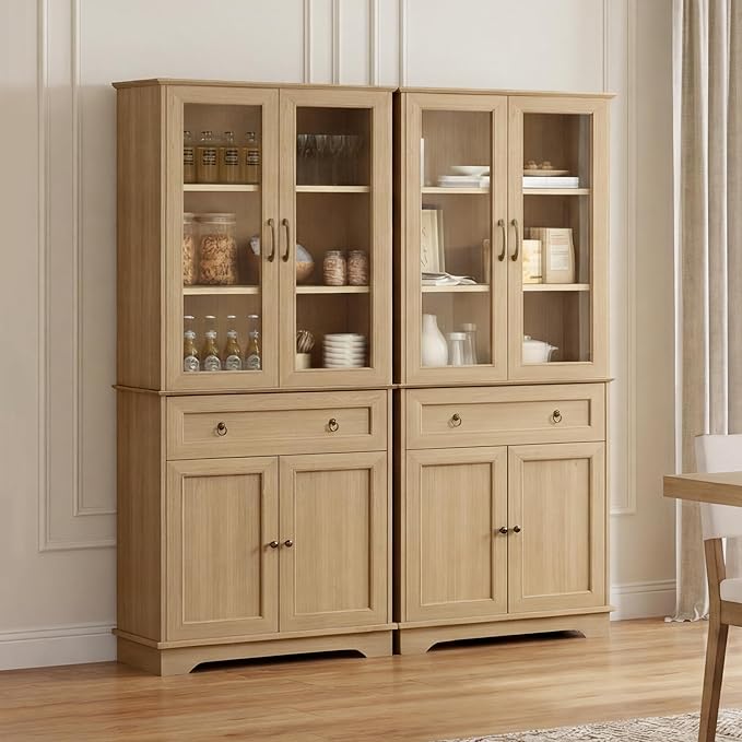 Set of 2 72" Tall Kitchen Pantry Storage Cabinets with Glass Doors and Drawer, Farmhouse Cupboards with Adjustable Shelves, Freestanding Food Pantries for Kitchen, Dining Room, Natural