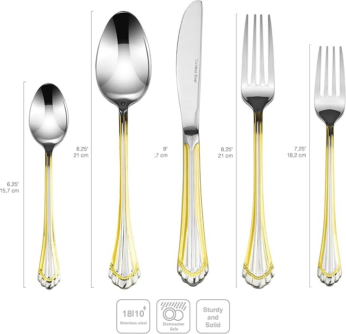 18/10 Stainless Steel Flatware Set - 20pc Italian Collection Style Utensils with Gold Shell Edge Design - Essential Items for Apartment and Kitchen - Ideal for Wedding Gift (Longshell (20 Piece))