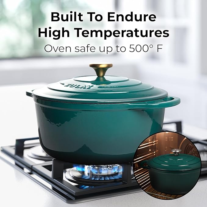 Zulay Kitchen 5 Quart Enameled Cast Iron Dutch Oven Pot with Lid ??Premium Durability & Oven Safe up to 500째F ??Heavy Duty Cookware Perfect for Bread Baking, Stews, Braising & Roasting ??Emerald