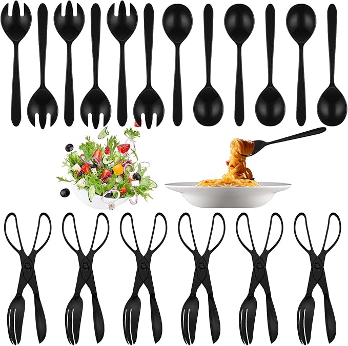 18 Pcs Plastic Serving Utensils 9" Disposable Utensils Set Includes Spoons Serving Forks Tongs for Birthday Wedding Parties Buffet Cutlery Food (Black)