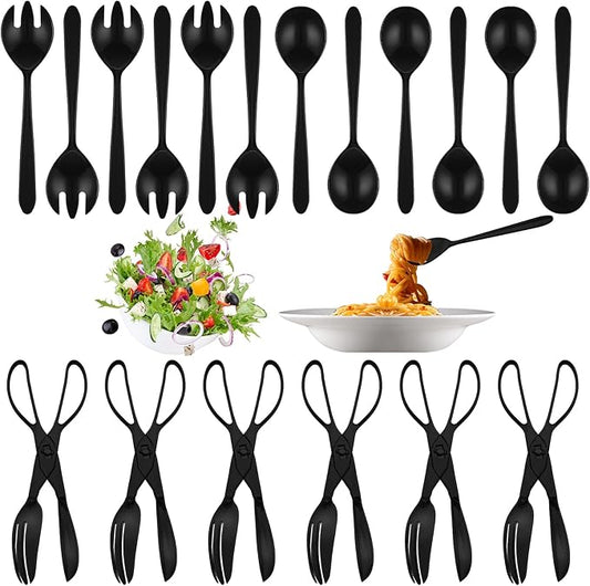 18 Pcs Plastic Serving Utensils 9" Disposable Utensils Set Includes Spoons Serving Forks Tongs for Birthday Wedding Parties Buffet Cutlery Food (Black)