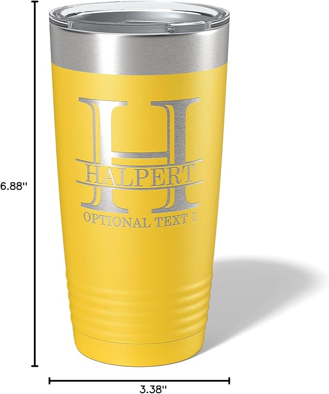 Personalized 20oz (17 Colors) Powder Coated Insulated Stainless Steel Tumbler with Lid, Custom Etched, Customized Engraved Gift Idea for Women Men Her Him, Halpert Monogram Initial Name (Yellow)