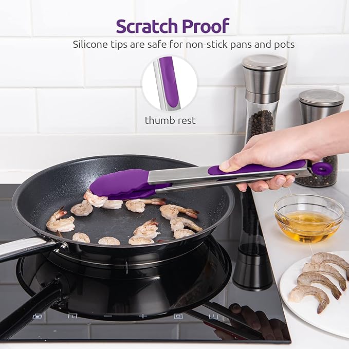600쨘F Heat Resistant Kitchen Tongs: U-Taste 12 inch Large Silicone Cooking Tong with Sturdy Non Stick Rubber Tips & Silicon Coated 18/8 Stainless Steel Handle & Smooth Locking for Serving Grill-Purple