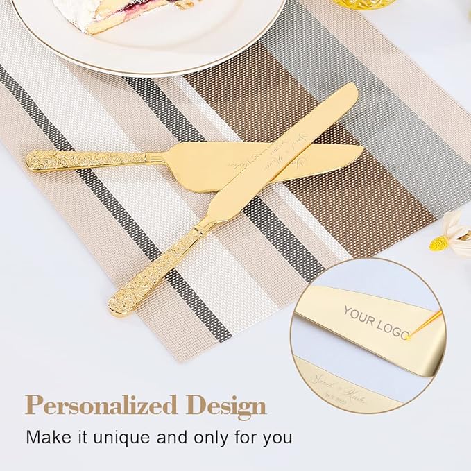 Wedding Cake Knife and Server Set, Personalized Gold Cake Cutting Set for Wedding, Engraved Classic Cake Knives Cutter Set, Pie Server, Birthday Bridal Quincea챰era Gift (CUS-Flower)