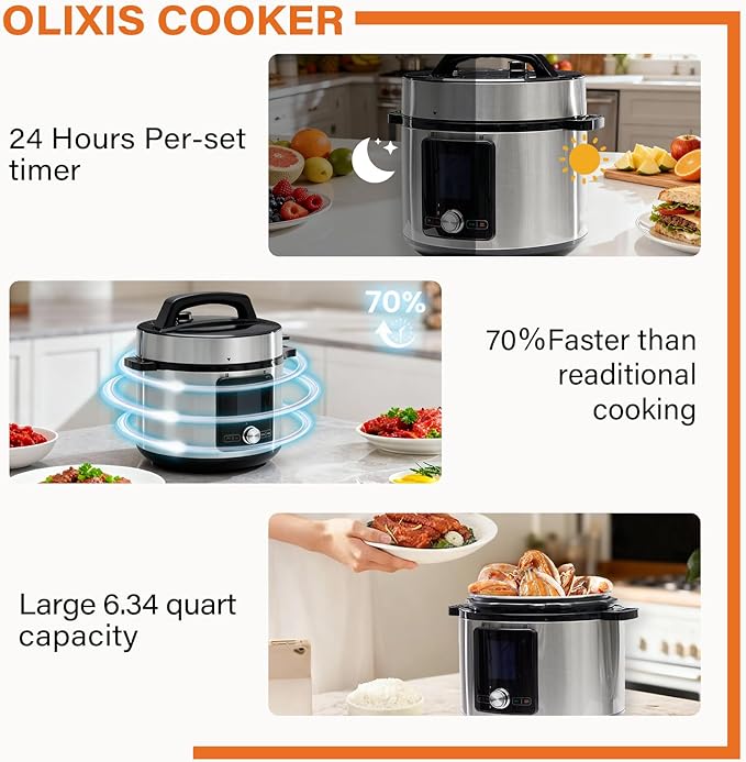 OLIXIS Electric Pressure Cooker 8.45Quart, 24 Functions in 1, Stainless Steel Pressure Cooker for Canning, Slowcook, Yogurt, Steam, Rice Grain, Soup, Bean, Poultry, Beef, Bake, Stew, Porridge