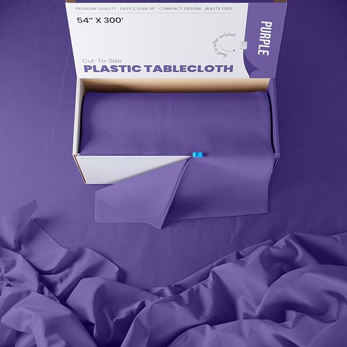 Exquisite Purple Plastic 54x300in Rectangular Tablecloth Roll with Built-in Cutter - 30 Feet, Disposable, Waterproof, All-Season, Birthday
