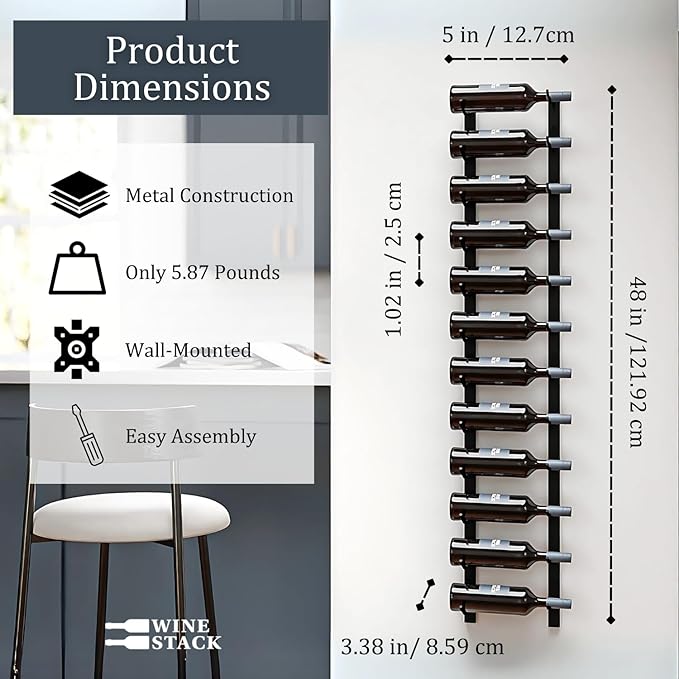 12-Bottle Black Metal Wall Mounted Wine Rack ??Modern Industrial Wine Bottle Storage Organizer for Home Bar, Kitchen, Dining Area & Wine Cellar