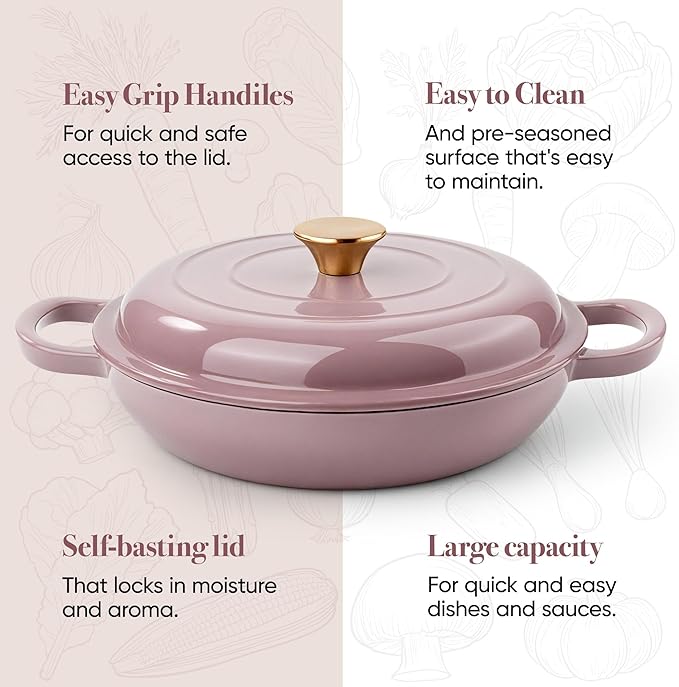 Vintage Style 3 Quart Enameled Cast Iron Braiser, Non Stick Enameled Cast Iron Skillet with Lid, Dutch Oven Skillet with lid up to 500째F for Oven, Stove, Grill, Shallow Dutch Oven for Cook, Bake (Pink)