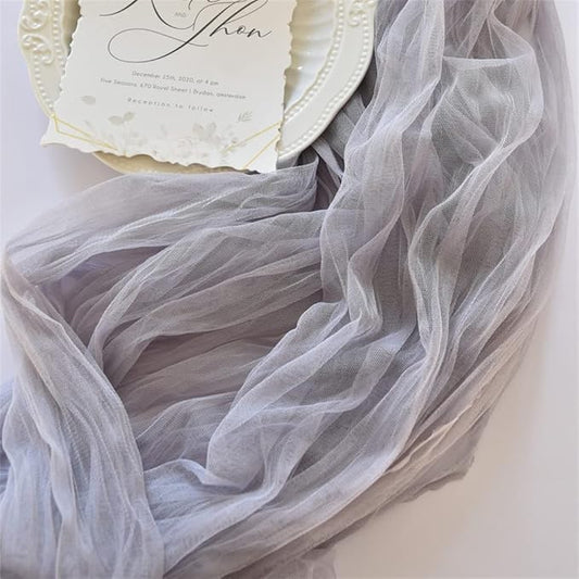 Joanlody Light Gray Cheesecloth Table Runner Spring Easter 10Ft Rustic Gauze Boho Cheese Cloth Table Runner for Wedding Bridal Baby Shower Decoration