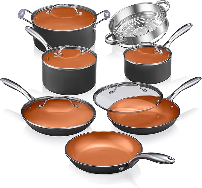 Gotham Steel 12 Pc Ceramic Cookware Set Nonstick, Ceramic Pots and Pans Set Non Stick with Steamer for Cooking, Non Toxic PFOA PFOS Free, Ergonomic Stay Cool Handles, Oven & Dishwasher Safe, Copper