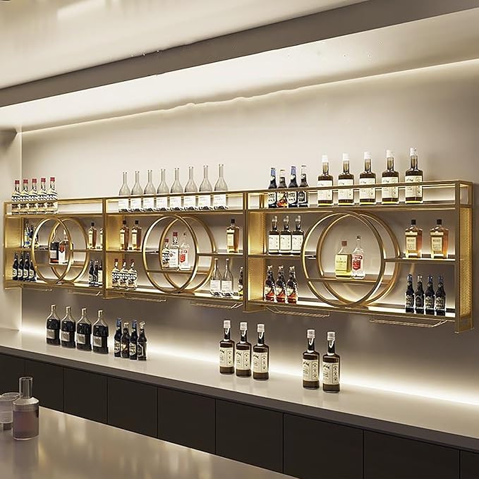 Modern Wine Storage Rack Wall Mounted With LED Light With Wine Glass Holder,Iron Bar Liquor Shelf,Floating Wall Wine Shelves,Bar Liquor Bottle Display Shelf For Kitchen Bar Decoration Gold/Black ( Col