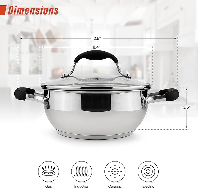 AVACRAFT 18/10 Stainless Steel Everyday Pan, Stir Fry Pan with Five-Ply Base, Chef?셲 Pan with Glass Lid, Multipurpose Stewpot Skillet, Saute Pan, Casserole in Pots and Pans (8 inch)
