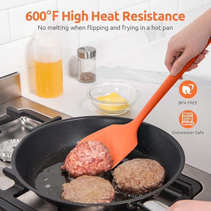 600쨘F Heat Resistant Silicone Turners: U-Taste 13.6in Long Solid & Slotted Kitchen Spatula Flipper, Large Flexible Cooking Utensil for Flipping Egg, Pancake in Nonstick Cookware(Orange, 2PCS)