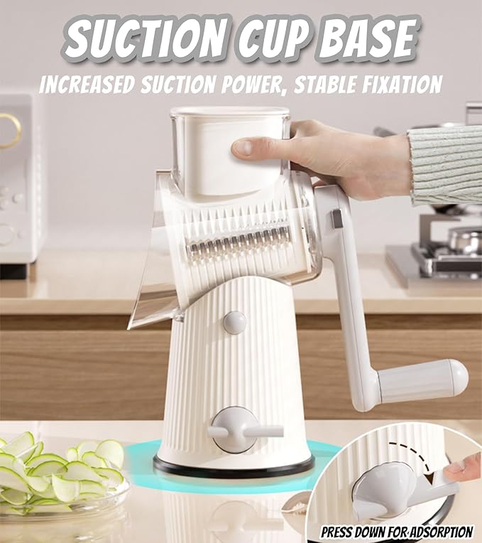 BSFRNF 5 In 1 Rotary Cheese Grater Vegetable Slicer for Kitchen, Carrot Shredder Tool-Food Shredders with 5 Sets Interchangeable Blades And Strong Suction Base (White)