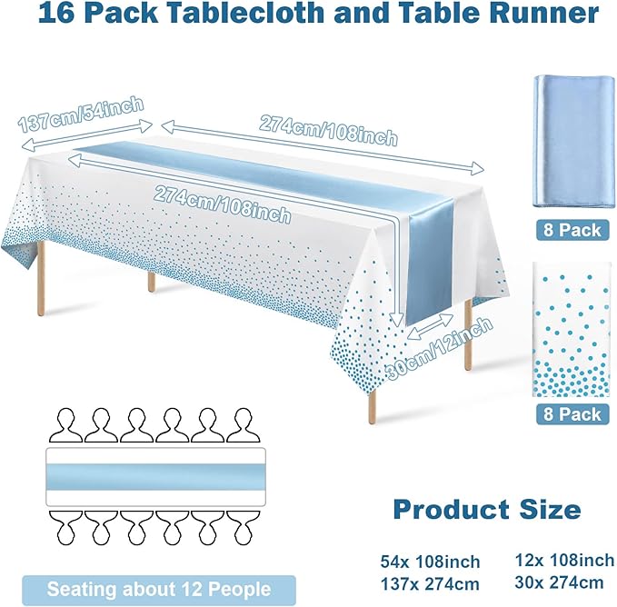 16Pack Disposable Plastic Tablecloths and Satin Table Runner Set White and Light Blue Dot Tablecloth Blue Satin Table Runner for Wedding Birthday Baby Shower Anniversary Engagement Xmas Party Supplies