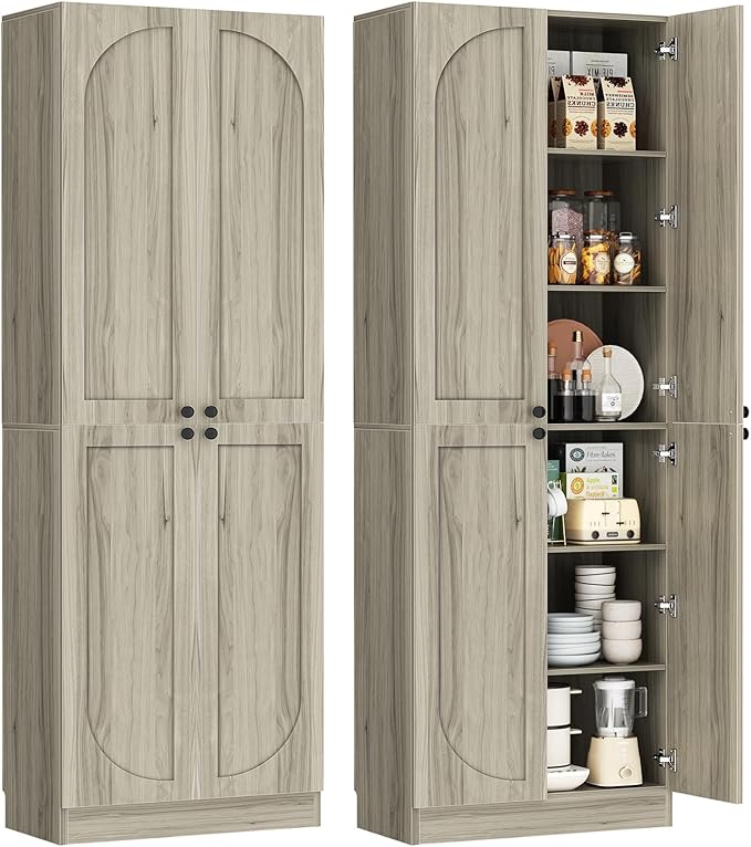 Cyclysio 80" Kitchen Pantry, Extra Tall Arch Storage Cabinet with 4 Doors and Adjustable Shelves, Freestanding Wood Cupboard with Seamless Fit Wall for Dining Living Room Bathroom Furniture (Ash Grey)