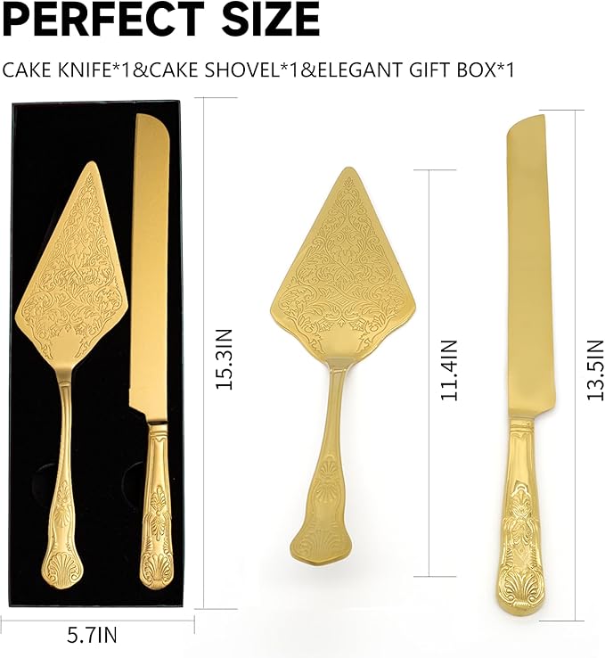 Vintage Wedding Cake Knife and Server Set, Stainless Steel Cake Pie Pastry Cutting Knife & Serving Spatula Set, Premium Party Supplies for Wedding, Birthday, Anniversary & Events, Gold