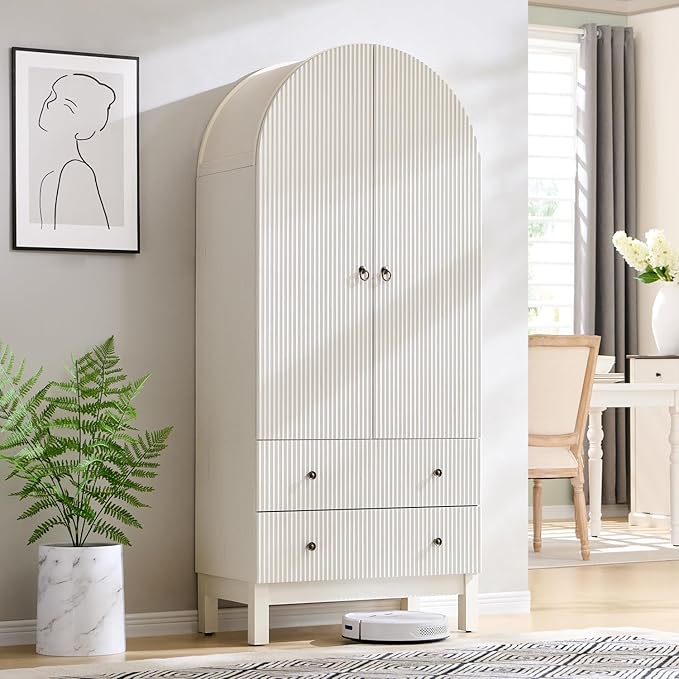 71" Tall Arched Pantry Cabinet, Fluted Kitchen Storage Cabinet with Adjustable Shelves and 2 Large Drawers, Freestanding Morden Versatile Cupboard for Living Room, Bathroom, White