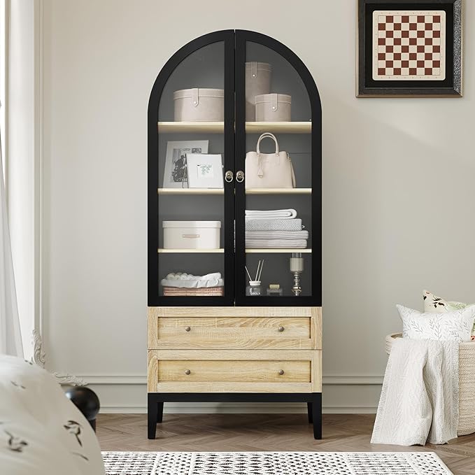HLR 71" Tall Arched Storage Cabinet, Modern Farmhouse Black Kitchen Pantry Cabinet with Glass Doors and 2 Drawers, Versatile Display Cabinet for Kitchen, Dining Room, Living Room