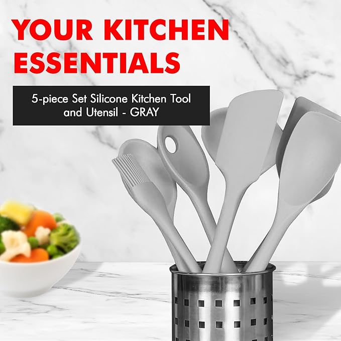 Chef Craft - Premium Silicone Kitchen Tools and Utensils Set, Non-Scratch, Withstands Temperatures up to 450째F, BPA-Free, 5 Piece Cooking Utensils Set, Gray