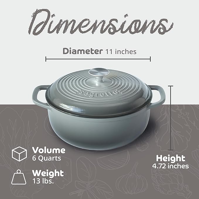 Segretto Cookware Enameled Cast Iron Dutch Oven, 6 Quarts, Gray