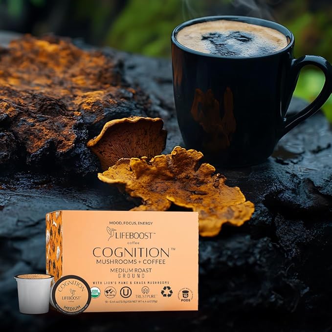 Lifeboost Cognition Mushroom Coffee Pods ??Organic Low Acid K-Cups with Lion?셲 Mane & Chaga Adaptogens ??Nootropic Coffee for Energy, Focus & Immune Support ??10 Count