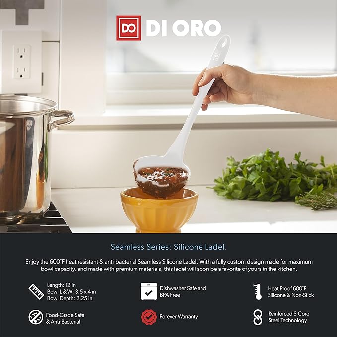 DI ORO Silicone Ladle ??Soup Ladle for Cooking & Serving Heat-Resistant - Large Kitchen Soup Ladle Nonstick Cookware Safe - Soup Serving Spoon with Wide Bowl - Silicone Utensil Dishwasher Safe (Stone)