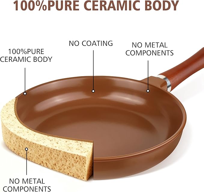 10-inch Pure Ceramic Frying Pan Skillet - Non-Toxic, PFOA/PFAS/PTFE Free, No Chemical Coating - Healthy Cooking - Solid Wood Handle (Brown)
