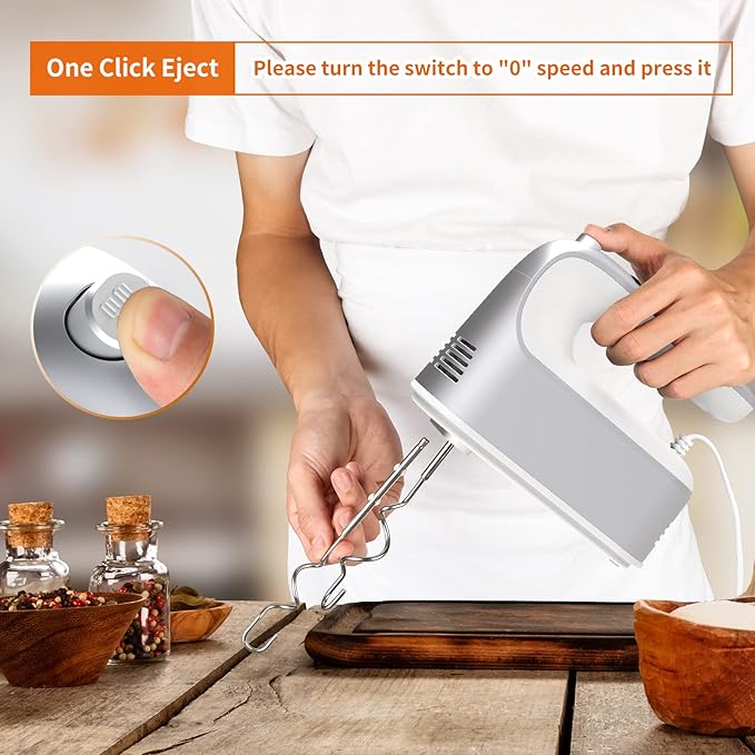 9-Speed Digital Hand Mixer Electric, 400W Powerful DC Motor, Baking Handheld with Snap-On Storage Case, 5 Stainless Steel Accessories, Flat Beaters, Dough Hooks, Whisk(Silvery White)