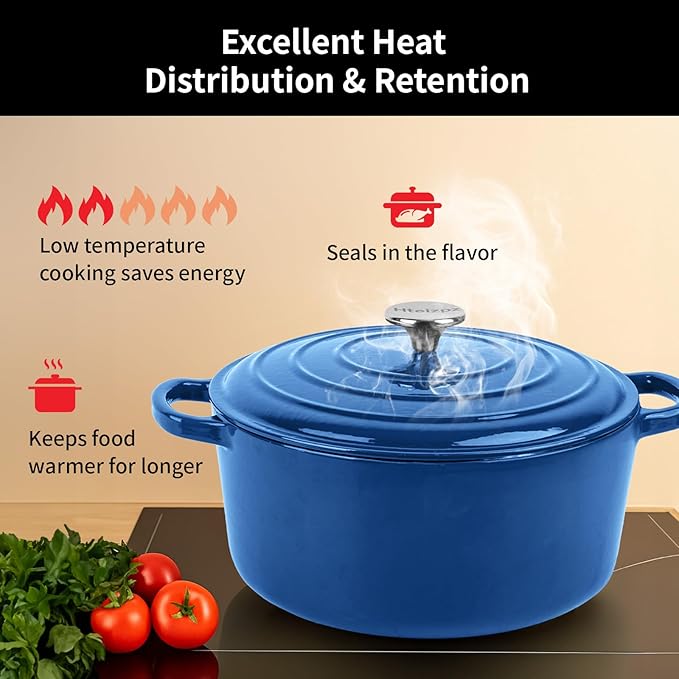 Enameled Cast Iron Dutch Oven Pot with Lid, 5.7 Quart Dutch Oven for Bread Baking, Oven Safe up to 500째 F, Suitable for Bread Baking, Braising, Roasting, Stews, Blue