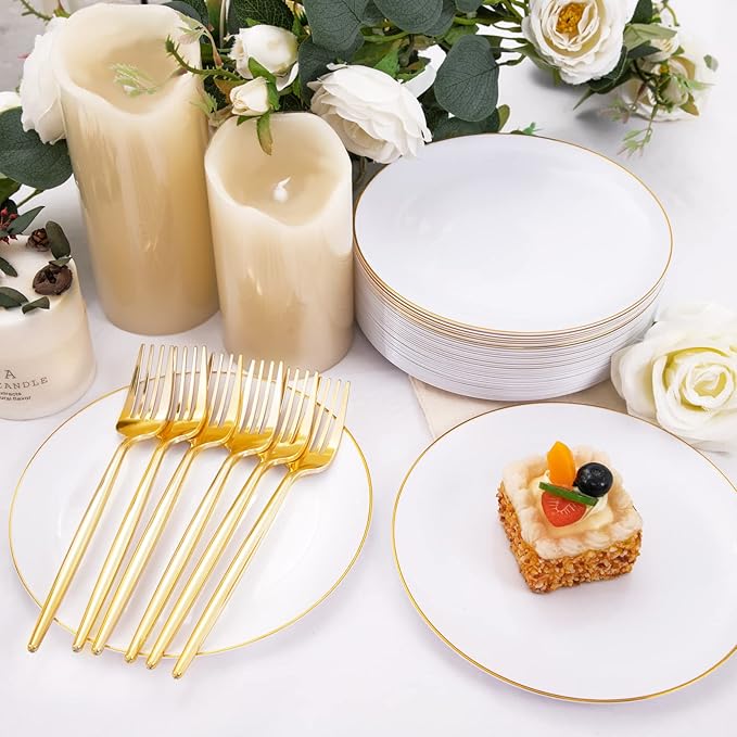 Rubtlamp 200Pcs Gold Plastic Dessert Plates,White Appetizer Platos with Gold Disposable Forks, Fancy Small Dessert/Cake Plates Include 100pcs 7.5" Salad Platos, 100pcs 7.6" Plastic Forks for Party
