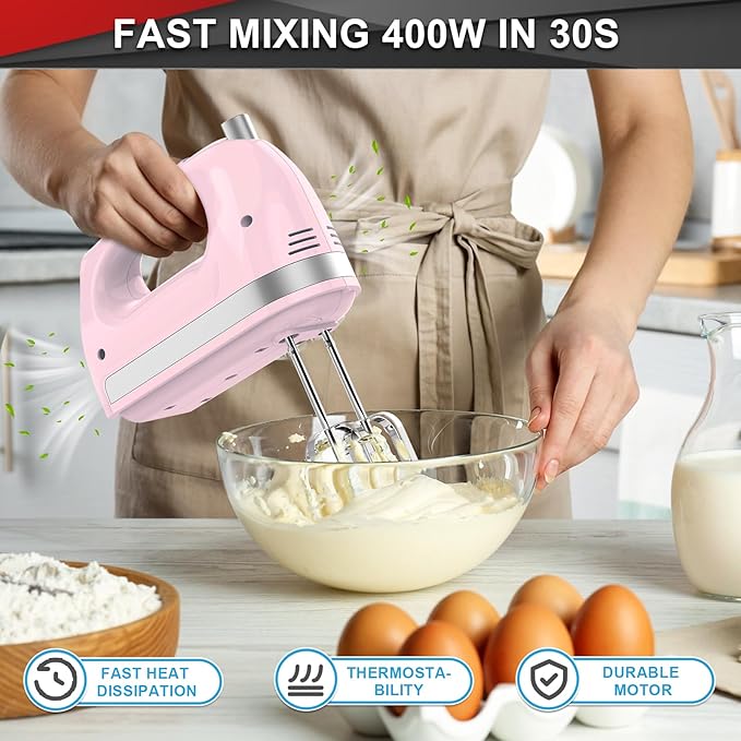 Lord Eagle Hand Mixer Electric 400W, 5 Speed handheld Mixer, 5 Stainless Steel Accessories for Baking Cake Egg Cream Food Beater, Turbo Boost/Self-Control Speed + Eject Button, Pink