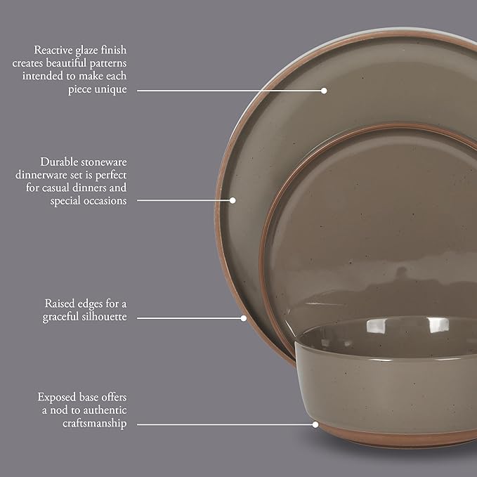 Gibson Elite Northrock Stoneware Dinnerware Set, 12-Piece Service for 4 Plates and Bowls Set ??Gray Dishes with Hand-Painted Terracotta Base