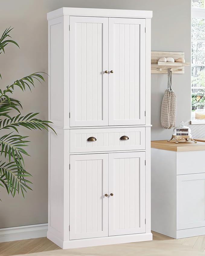 72" Kitchen Pantry Storage Cabinet, Freestanding Cupboard with 2 Cabinets, Drawer and Adjustable Shelves, Tall Storage Cabinet for Kitchen, Dinning Room, Living Room (White)