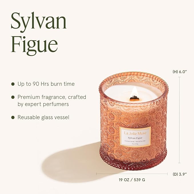 LA JOLIE MUSE Sylvan Figue Candle | Fig Leaf, Red Berries, Sandalwood | 19 oz Large Wooden Wick Candle | Natural Soy Wax | 90 Hours Clean Burn | Gift-Ready for Hosts | Elegant Home D챕cor
