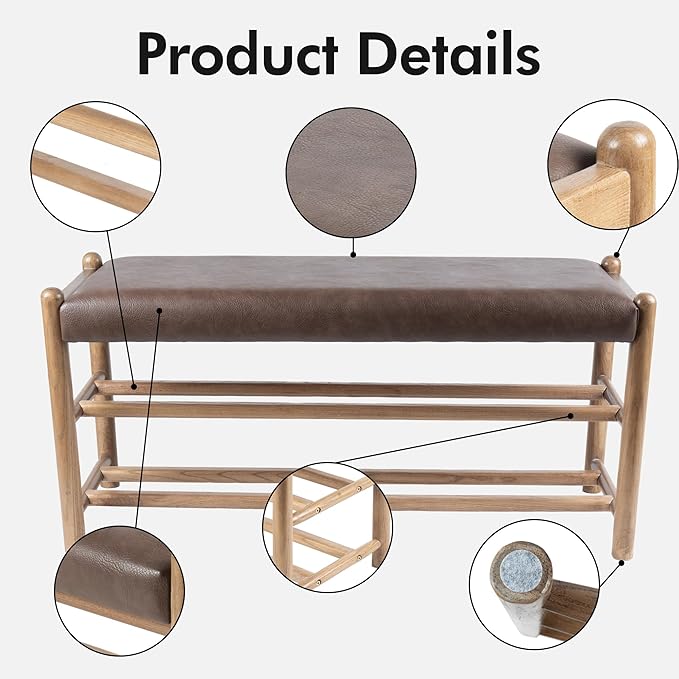XINNAN Solid Wood Entryway Bench with Shoe Storage, Rustic Oak Wood and PU Leather 39.4 Inch Long Seating for Living and Dining Rooms, 3-Tier Brown