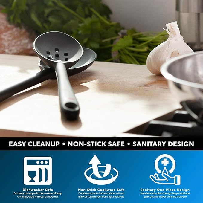 DI ORO Cooking Spoon - Solid Silicone 600F High Heat Nonstick Cookware Safe - Kitchen Spoon for Cooking & Baking - Large Serving & Mixing Utensil - Dishwasher Safe (Black)