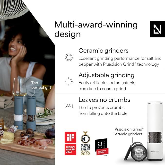 LARS NYS횠M Salt and Pepper Grinder Set Manual, Stainless Steel Salt and Pepper Mills with Adjustable Ceramic Grinder I Design Spice Shakers (Black/White)
