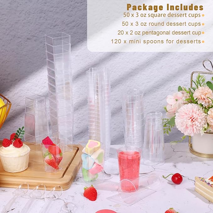 ALEXPRE 240 Packs 2/3 oz Mini Dessert Cups with Spoons, Square/Round/Five-pointed Star Clear Dessert Parfait Cups, Mini Plastic Dessert Cups Small Reusable Fruit Ice Cream Pudding Appetizer Cup Bowls