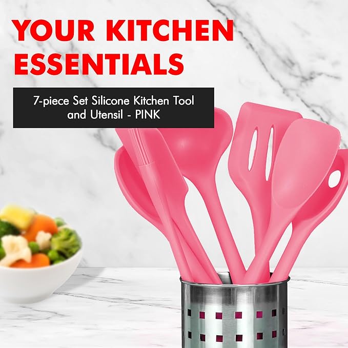Chef Craft - Premium Silicone Kitchen Tools and Utensils Set, Non-Scratch, Withstands Temperatures up to 450째F, BPA-Free, 7 Piece Cooking Utensils Set, Pink