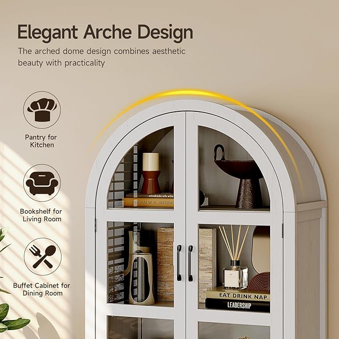 ONBRILL 71" Tall Arched Cabinet, 5-Tier Arched Kitchen Pantry with Glass Doors & Shelves, Modern Display Arch Cabinet with Adjustable Feet, Wooden Pantry for Living Room, Dining Room, Off White