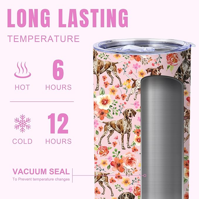 Yogusut German Shorthaired Pointer Gifts for Women, 20oz Stainless Steel Insulated Tumbler Travel Mug Cup with Lid Straw Brush, Gifts for Dog Mom Dog Lover