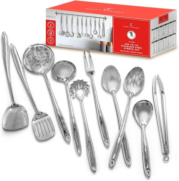 Emeril Lagasse 10-Piece Stainless Steel Utensil Set ??Premium 304 Mirror Finish Cooking Tools with Hanging Loops ??Heat Resistant, Dishwasher Safe Kitchen Gadgets for Nonstick Cookware