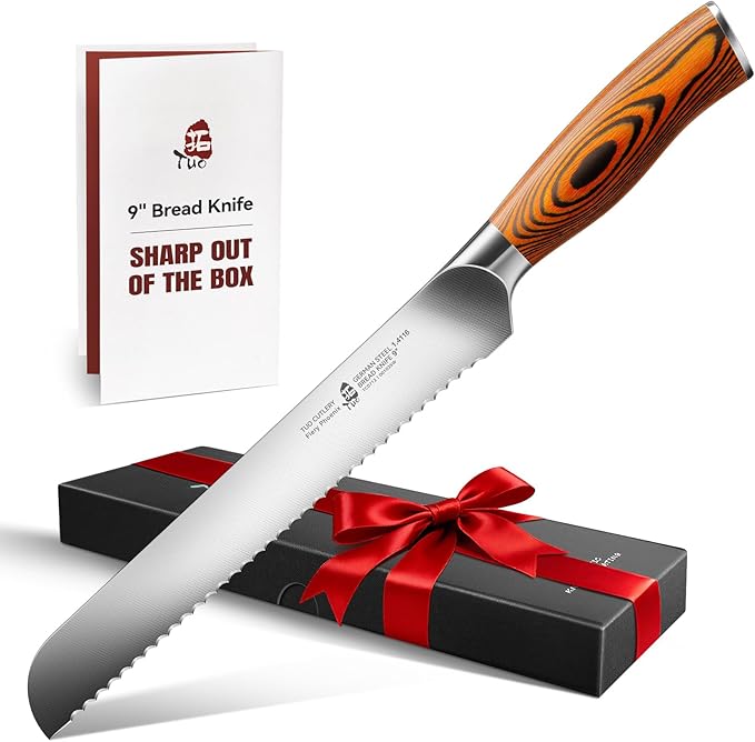 TUO Bread Knife, 9 inch Sharp Serrated Slicing Knife for Homemade Sourdough Bread, High Carbon German Steel, Ergonomic Handle, Gift Box Included