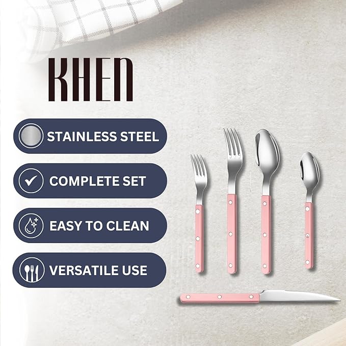 Khen Cutlery Set of 20, 18/8 Stainless Steel Flatware, Modern Silverware for Home, Kitchen, Dining & Table Setting for 4 ??Stainless Steel, Dishwasher Safe, Lightweight & Ergonomic Design Gift - Pink