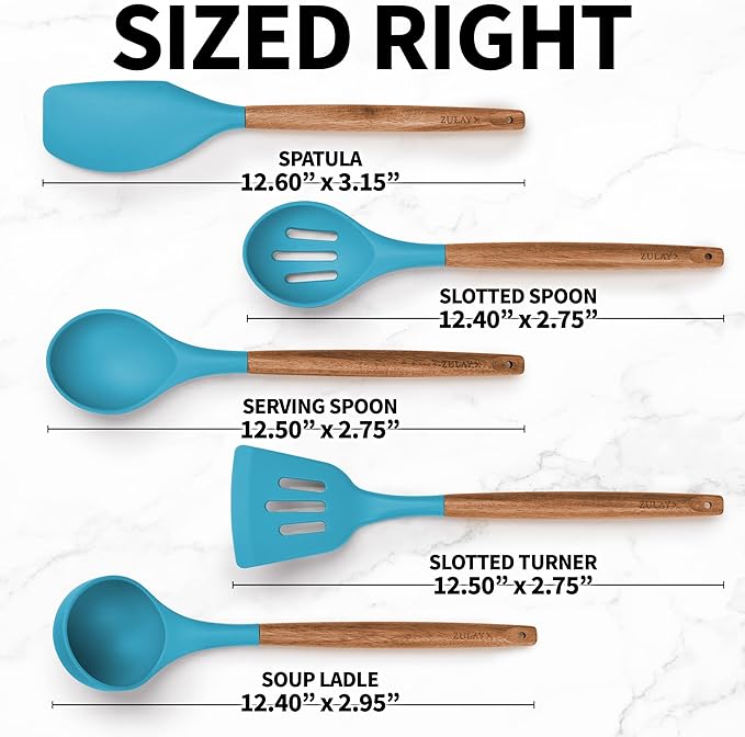 Zulay Kitchen Non-Stick Cooking Utensils Set with Authentic Acacia Wood Handles ??5-Piece Durable & Stylish Silicone Kitchen Utensils Set ??Heat Resistant to 464째F ??Blue