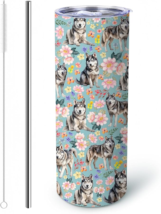 Yogusut Siberian Husky Gifts for Women, 20oz Stainless Steel Insulated Tumbler Travel Mug Cup with Lid Straw Brush, Gifts for Dog Mom Dog Lover