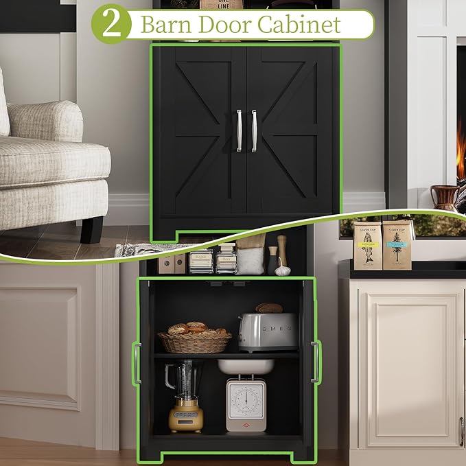 55" Tall Kitchen Pantry, Farmhouse Storage Cabinet with Doors, Shelves and Drawer, Rustic Wood Cupboard for Kitchen, Dining Room (Black)