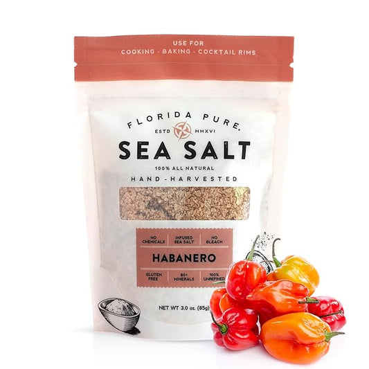 FLORIDA PURE Habanero Sea Salt - 80+ Mineral Sea Salt, Natural, Unrefined, Non Iodized - for Baking, Cooking, Seasoning & Enhancing Taste - Rich Taste Flaky Sea Salt (3 oz Pouch)