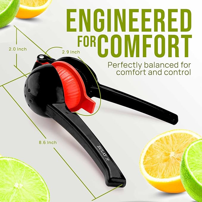 Zulay Kitchen Metal 2-in-1 Lemon Squeezer - Sturdy Max Extraction Hand Juicer Lemon Squeezer Gets Every Last Drop - Easy to Clean Manual Citrus Juicer - Easy-Use Lemon Juicer Squeezer - Black/Red